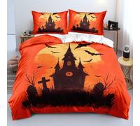 Housse de Couette Château D'Halloween, Housse de Couette avec Taies D'Oreiller, Cimetière et Chauves-Souris, Thème Horreur Gothique, Parure de Lit 200X200 Orange pour Chambre de Garçons et Filles