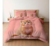 Housse de Couette Chaton Orange Mignon Grands Yeux 200 x 200 Rose, Réversible Parure de Lit Adulte Enfant 2 Personnes en Microfibre Souple, Linge de Lit avec Fermeture éclair vec Taie d'oreiller