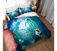 Housse De Couette Chaude Automne-Hiver Avec Fermeture Éclair, Parure De Lit 3 Pieces À Imprimé Cyan Pour Dortoir D'hôtel, Surf