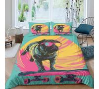 Housse de Couette Chien Skateboard Graffiti 3D Imprimé Parure de Lit Microfibre Décoration Chambre Ensemble de Linge de Lit Chien sur Skate Respirant et Doux pour Dortoir Maison Single（135x200cm）