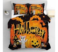 Housse de Couette Citrouille Chauve-Souris 200x200cm Pleine Lune Toile D'Araignée Parure de Lit 2 Personnes avec Fermeture Éclair - Housse Couette en Microfibre avec 2 Taie d'oreiller,Orange Noir