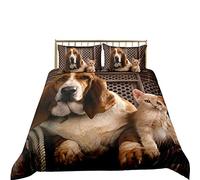 Housse de Couette Confortable Animal Mignon Chat Ou Chiens Ensemble de Literie Imprimé avec Fermeture à Glissière en Microfibre (Chat Et Chien 2, 200x200cm)