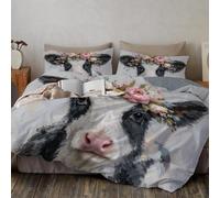 Housse De Couette Corolle Florale Vache 240 x 260 cm avec 2 Taies d'oreiller - Parure De Lit Animal Aquarelle en Microfibre - Linge De Lit Adulte avec Fermeture éclair