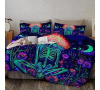 Housse De Couette Crânes De Fleurs Néon 220 x 240 cm avec 2 Taies d'oreiller - Parure De Lit Art Mystérieux Psychédélique en Microfibre - Linge De Lit Adulte avec Fermeture éclair