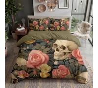 Housse de Couette Crânes Fleurs, 240x260cm | Parure de lit Nature Morte Rétro, Linge de Lit pour 2 Personnes, Fermeture Éclair, Microfibre Douce, Réversible, 2 Taie d'oreiller 65x65cm