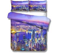 Housse De Couette De Luxe Moderne Ville Mod¿¿Le New York Hong Kong Sydney Paris Houston Toronto Sc¿¿Ne De Nuit Microfibre Parures De Lit, Single (Hong Kong, _X__Cm)