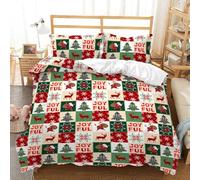 Housse de Couette de Noël Tendance pour Enfants - Parure de Lit 240x220 Imprimée Renne, Flocons de Neige et Père Noël, Douce et Confortable, à Carreaux Rouges et Verts, avec Taies D'Oreiller (Ta