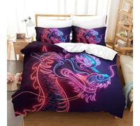 Housse de Couette Design Dragon néon 3 pièces Imprimé 3D Style Art numérique Vibrant Parure de lit avec 2 taies d'oreiller à Fermeture éclair décoration de Chambre Double（200x200cm）