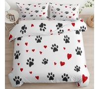 Housse de Couette Dessin Animé Cœur Empreinte De Patte Mignon Parure de lit Réversible Microfibre 140 x 200 cm, 3 pièces avec Fermeture à Glissière Cachée, pour Literie Enfants Fille Garçon Ado Blanc