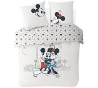 Disney - Housse de Couette Mickey et Minnie Paris Love - 220x240 cm + 2 taies d'oreiller 63x63 cm - 100% Coton - Ecru