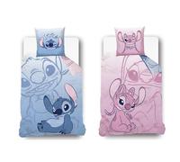 Disney - Housse de Couette réversible Disney Stitch - Recto Stitch - Verso Angel - 140x200 cm + 1 taie d'oreiller 63x63 cm - 100% Coton - Bleu et Rose