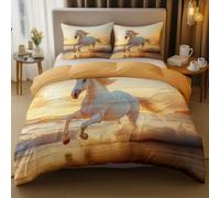 Housse de Couette Double Face Côtier Coucher De Soleil Animal Cheval, Parure de Lit Adulte Adolescent 240 x 220 cm et 2 Taies D'oreiller, Ensembles de Literie Microfibre avec Fermeture Éclair, Abricot