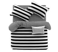 Housse de Couette en Coton Européen,Style Noir et Blanc,Rayures et Plaid Imprimé Motif Lit Quatre Pièces Linge de Lit Housse de Couette(2 Taie D'oreiller) (Rayures Noires et Blanches, 220*240cm)