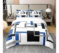 Housse de Couette en Coton Quadrillé, Blanc Noir Gris Bleu Carré, Ensemble de Literie Rayures Géométriques Lignes Audacieuses, Parure de Lit Moderne Créative Décoration de Chambre, 240x260