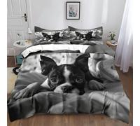Housse de Couette en Microfibre Animal Boston Terrier Gris Parure de Lit Imprimé 2 Personne 220x240 cm, Literie Sets de Housses de Couettes avec Fermeture Éclair et 2 Taies d'oreiller 65x65 cm