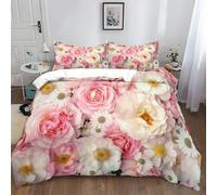 Housse de Couette en Microfibre Thème Romantique Roses Chrysanthèmes Parure de Lit Imprimé 2 Personne 200x200 cm, Literie Sets de Housses de Couettes avec Fermeture Éclair et 2 Taies d'oreiller