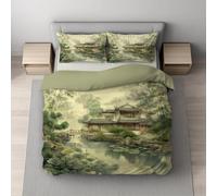 Housse de Couette en Microfibre Ultra Douce et Doux pour la Peau, Parure de Lit, Anti-froissement, Fermeture Éclair Invisible, 1 Personne 140 x 200 cm, Vert, Aquarelle Style Chinois Étang De Lotus