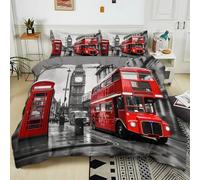 Housse de Couette Enfant 140x200 cm Bus Rouge Impression Londres Imprimé Parure de lit 2 Personnes 3 Pièces Confortable Doux Polycoton avec Fermeture Éclair Literie et 2 Taie d'oreiller