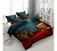 Housse de Couette Enfant 200x200 cm Thème du Film Pop-Corn Bleu Foncé Imprimé Parure de lit 2 Personnes 3 Pièces Confortable Doux Polycoton avec Fermeture Éclair Literie et 2 Taie d'oreiller