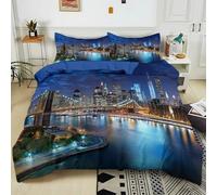 Housse De Couette Enfant Ado 140x200 cm Vue de Nuit de la Ville de New York Bleu 3D Parure de Lit 1/2 Personne Polyester Coton 3 Pièces Housse De Couette avec 2 Taies d'oreiller 65x65 cm