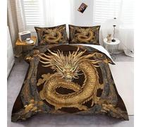 Housse De Couette Fantasy Magnifique Dragon Chinois 240 cm x 260 cm Or Marron, Parure De Lit 3 Pièces avec Fermeture Eclair pour Toutes Saisons, Imprimé Housses De Couettes avec 2 Taie d'oreiller