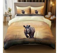 Housse de Couette Faune Rhinocéros Film Réversible Literie D'été 140 x 200 cm avec 2 Taies d'oreiller 65 x 65 cm, Microfibre Parure de Lit Abricot pour Filles Garçons Adultes