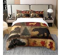 Housse de Couette Ferme Rustique, Parure de Lit 200x200 en Coton, Ensemble de Literie Chasse Ours Cerf, Housse Couette Rétro Cabin Lodge, Couvre Lit Feuilles D'Érable Champêtres