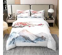 Housse de Couette Fleur de Cerisier Coton Lavé pour Filles, Ensemble de Literie Japonaise Décorée de Fleurs Rouges, Parure de Lit Style Japonais Ukiyoe, Literie À Motifs du Mont Fuji, 140x200