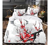Housse de Couette Fleurs De Peinture Chinoise 200x200 Imprimé en 3D Patron De Prune Parure De Lit 2 personnes Microfibre avec Fermeture Éclair 3 pièces Ensemble de Literie 2 Taies d'oreiller 50x75cm