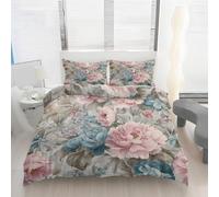 Housse de Couette Fleurs Rose Turquoise Parure de Lit 140x200 Fleur Pivoine Traditionnel, avec Fermeture Éclair, Ensemble de Literie en Microfibre avec 1 Taie d'oreiller pour Lit 1 Personne K6d15
