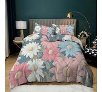 Housse de Couette Florale Rose,Blanche et Bleue,Parure de Lit 240X220 Réversible de Style Pastoral à Imprimé Floral,Housse de Couette en Microfibre Douce et Facile D'Entretien avec Fermeture Écla