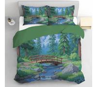 Housse De Couette Forêt Ruisseau Pont en Bois 140 x 200 cm, Parure De Lit Décors De Dessin Animé avec Fermeture éclair Et 1 Taies D'Oreil, Linge De Lit Microfibre Doux pour Adulte Decor Chambre