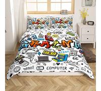 Housse de Couette Gamer Gaming 140 x 200cm Enfant Adulte Console de Jeux Parure de Lit Graffiti Gamepad Ensemble de Literie Microfibre 1 Personne avec Fermeture Éclair Et 1 Taie D'Oreill 2 pièces