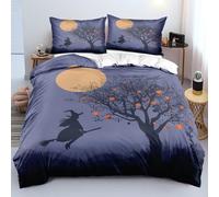 Housse de Couette Halloween, Parure de Lit 260X240 Imprimée Sorcière Sur Balai, Citrouille, Arbre et Lune, Housse de Couette en Microfibre Respirante avec Taie D'Oreiller pour Chambre de Filles et