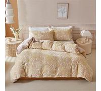 Housse de Couette Hiver 140x200cm Beige Fleur et Feuille en 3D Flanelle Velours Double Face Épaissie Chaude Parure de Lit Adulte Literie 1 Personne avec 1 Taies d'oreiller 65x65cm et Fermeture Éclair