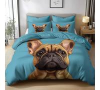 Housse de Couette Imprimé Animal Bouledogue Français Parure de lit Réversible, Bleu Ensemble De Literie 3 Pièces Douce Confortable Microfibre 240 x 260 cm, avec Fermeture Éclair Et Taie Oreiller
