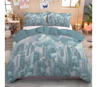 Housse De Couette Imprimé Ville De Style Dessin Animé 3 Pièces 200X200Cm Avec Taies D'Oreiller 65X65Cm Architecture Géométrique 3D Motifs Parure De Lit Douce Réversible Respirable Microfibre Turquoise