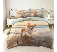 Housse de Couette Imprimée 3D Corgi De Plage 90x190 cm Parure de Lit Côte Au Coucher du Soleil pour Enfant Ado Ensemble de Literie en Microfibre Douce avec 1 Taies d’Oreiller