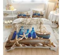 Housse de Couette Imprimée Nature Bouteilles Verre Voiliers Les Coquillages, Parure de Lit Enfant Adulte Fermeture Éclair, Bleu Crème Linge Lit Microfibre Douce 200 x 200 cm avec 2 Taies d'oreiller