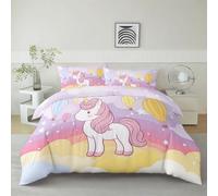 Housse De Couette Licorne De Dessin Animé Étoiles Montgolfière 90 x 200 cm Parure De Lit Personne, Rose Housse De Couette En Microfibre Et Taies D'Oreiller - Ensemble De Literie Pour Adulte Enfant