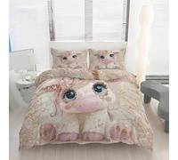 Housse de Couette Licorne Vache Mignon, Parure de Lit 3 Pièces Animaux Ferme Highland Cow Réversible 160x200 en Microfibre Légère Lavable en Machine avec Fermeture Éclair et 2 Taies d’oreiller T8d29