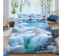 Housse De Couette Lion Blanc Microfibre Ultra-Douce Parure De Lit Imprimée Glacier 3D avec Fermeture Éclair & Taies d'oreiller pour Enfant Fille Double(200x200cm)