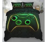 Housse de Couette Manette de Jeu Vidé, 220x240 Parure de Lit Contrôleur de Jeu Néon Nid d'abeille 2 Personnes Ensemble de Literie Microfibre avec Fermeture Éclair et 2 Taies D'oreiller 80x80 cm