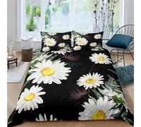 Housse de Couette Marguerite blanche 140x200+2 Taie d'oreiller 65x65cm Plantes feuillues Parure de lit en Microfibre Style moderne Sets de Housse Couette Adulte Filles avec Fermeture Éclair V13