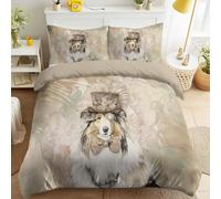 Housse de Couette Marron - 140 x 200 cm - 1 Taie d'oreiller - Vintage Élégant Chiens Chien De Berger Haut-De-Forme Monocle Style Anglais Réversible Parure de lit Facile d'entretien Lavable Literie