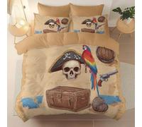 Housse de Couette Microfibre Réversible et Douce Carte Au Trésor Pirate Perroquet Crâne Thème, Brun Parure de Lit avec 2 Taies d’Oreiller, Fermeture Éclair, Décor de Chambre Été 140 x 200 cm