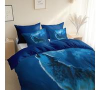 Housse de Couette Moderne Animaux Champ De Neige Loup pour Fille Garcon Parure de Lit Fermeture Éclair, Imprimée Réversible Sets de Housse Couette Microfibre 1 Taie d'oreiller 65 x 65 cm Bleu