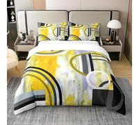 Housse de Couette Moderne Jaune Noir Gris Coton 200x200, Parure de Lit Aquarelle Peinture À l'huile, Ensemble de Literie Géométrie Cercles, Décoration Chambre À Coucher Art Contemporain
