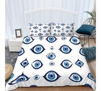 Housse de Couette Motif Mauvais Œil Simple Parure de Lit 240 x 260 cm Housse de Couette pour Enfants Microfibre Bleu Blanc Décor de Chambre avec Fermeture Éclair, 2 Taies d'oreiller 65x65 cm