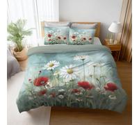 Housse de Couette Multicolore - 220 x 240 cm - 2 Taies d'oreiller - Aquarelle Marguerites Coquelicots Rêveur Réversible Parure de lit Facile d'entretien Lavable Literie avec Fermetures éclair